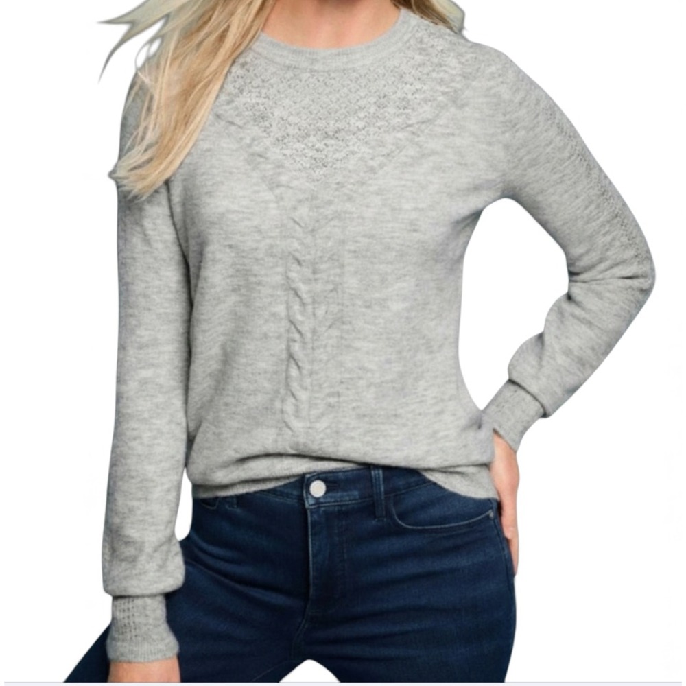 TALBOTS Heather Gray Sweater POINTELLE AIRY & CABLE KNIT TRIM Super Soft SZ S